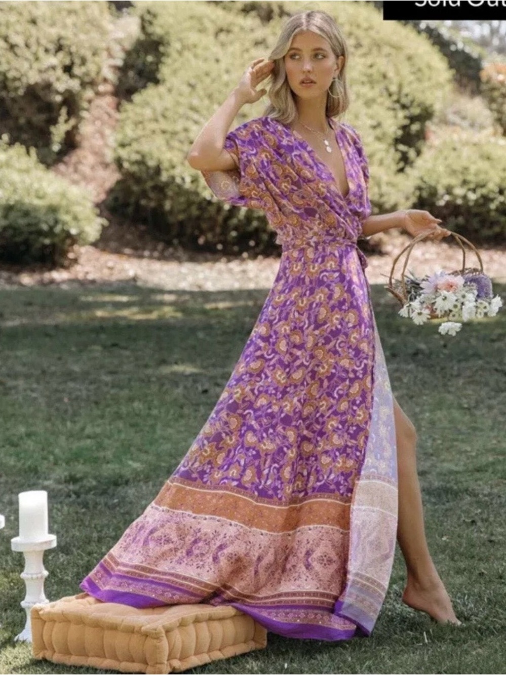 Vici Purple Floral Wrap Maxi Dress with Tan & Cream Border